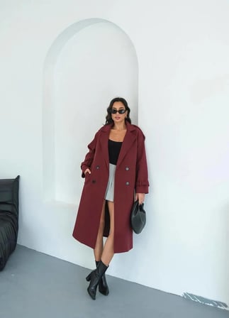Kadın Apolet Detay Oversize Bordo Kaşe Kaban
