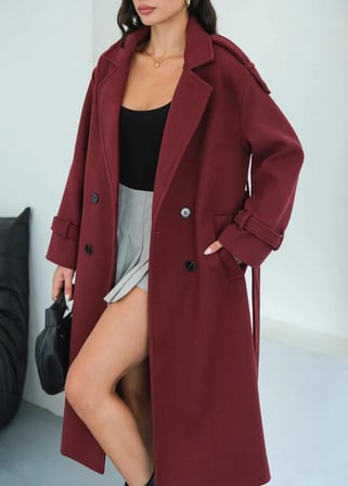 Kadın Apolet Detay Oversize Bordo Kaşe Kaban
