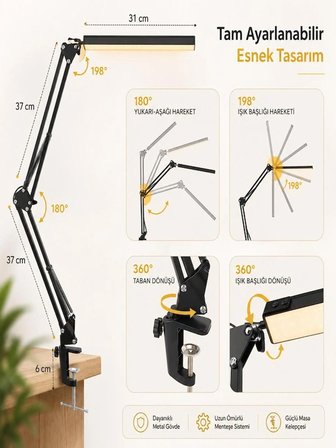 Katlanabilir LED Akrobat Masa Lambası Okuma & Çalışma Işığı, Masa Tutuculu