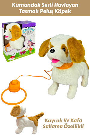 Peluş Tasmalı Yürüyen Fiyonklu Köpek 25 cm Sesli Havlayan Kafa Ve Kuyruk Sallayan Köpek