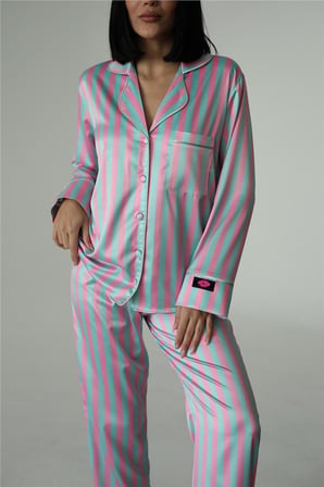 Muah Candy Pop Kadın Saten Pijama Takımı Çizgili Desenli Kısa Kollu Pembe Yeşil