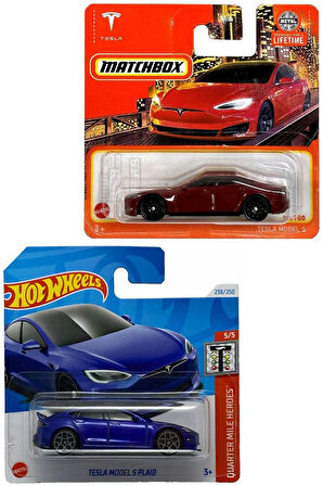 2 Araç Tesla Set - Hot Wheels Tesla Model S Plaid & Matchbox Tesla Model S (1/64)