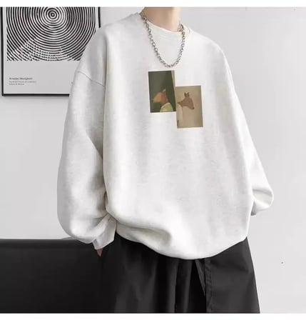 Amerikan Retro Moda Baskılı Uzun Kollu Tişört Erkek Trendy Yuvarlak Yaka Kazak Gevşek ve Çok