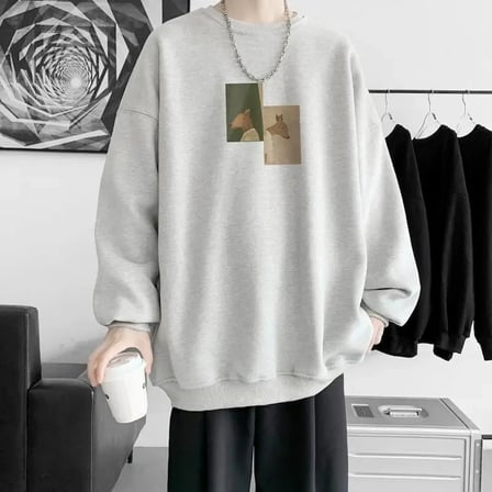 Amerikan Retro Moda Baskılı Uzun Kollu Tişört Erkek Trendy Yuvarlak Yaka Kazak Gevşek ve Çok