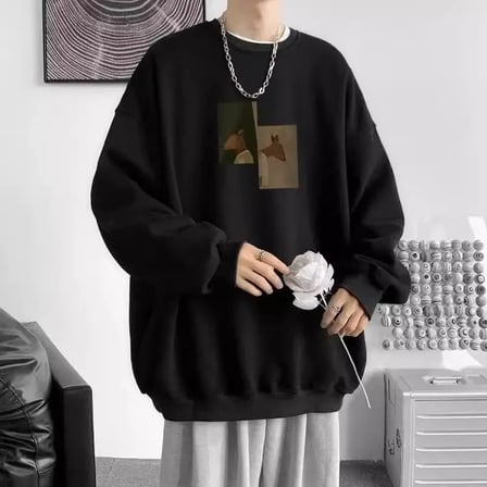 Amerikan Retro Moda Baskılı Uzun Kollu Tişört Erkek Trendy Yuvarlak Yaka Kazak Gevşek ve Çok