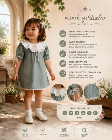 Mint Yeşili Zarafet Elbisesi | Kız Çocuk Peter Pan Yakalı Elbise