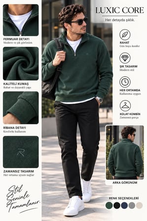 Luxıc core Erkek  Yarım Fermuarlı Dik Yaka Kazak Regular Fit Günlük Şık Basic