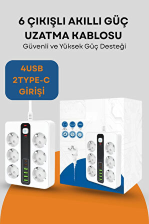 Pro P11 6x Priz 3000W Termal Akım Korumalı 4x USB 2x Type-C Girişli Çoklu Priz