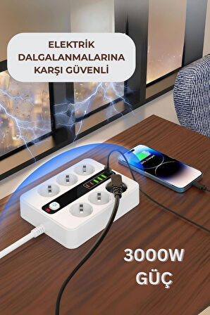 Pro P11 6x Priz 3000W Termal Akım Korumalı 4x USB 2x Type-C Girişli Çoklu Priz