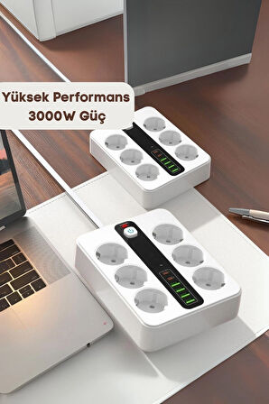 Pro P11 6x Priz 3000W Termal Akım Korumalı 4x USB 2x Type-C Girişli Çoklu Priz