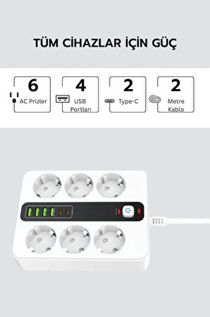 Pro P11 6x Priz 3000W Termal Akım Korumalı 4x USB 2x Type-C Girişli Çoklu Priz