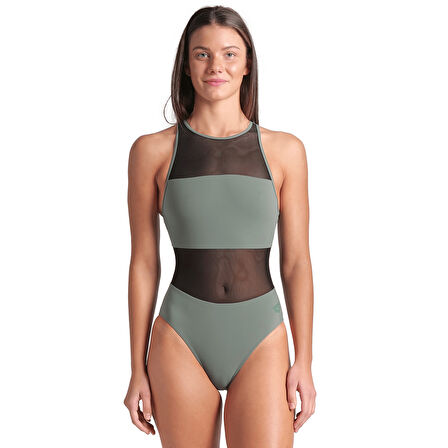 Mesh Panels Swimsuit Vent Back Kadın Gri Yüzücü Mayosu 006658600