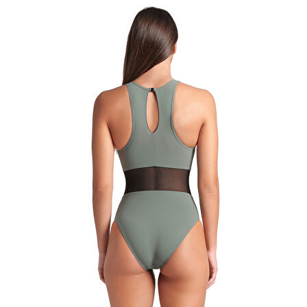 Mesh Panels Swimsuit Vent Back Kadın Gri Yüzücü Mayosu 006658600