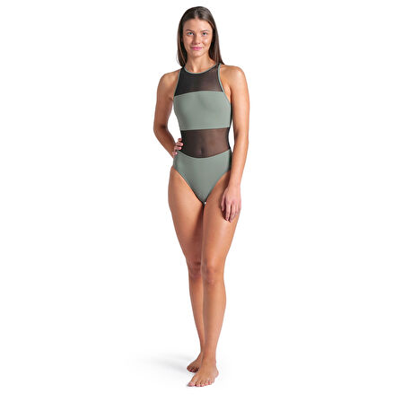 Mesh Panels Swimsuit Vent Back Kadın Gri Yüzücü Mayosu 006658600