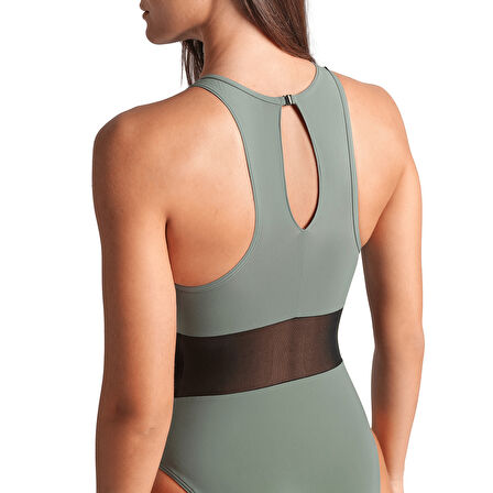 Mesh Panels Swimsuit Vent Back Kadın Gri Yüzücü Mayosu 006658600