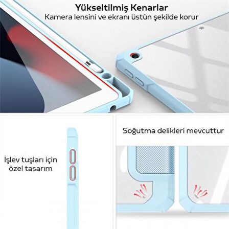 Coofbe Standlı Apple iPad 7. 8. ve 9. Nesil 10.2" inç Kılıf Şeffaf Arka Kapak Kalem Yerli Uyku Modlu Katlanabilir