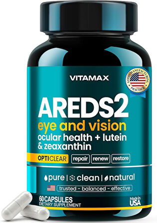 AREDS 2 Eye Vitamins - Lutein, Zeaxanthin, Bilberry, Astaxanthin Mineral Vision 60 Kapsül