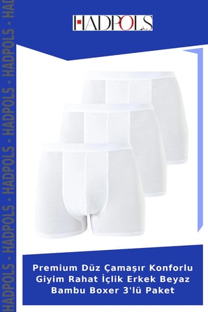 Premium Düz Çamaşır Konforlu Giyim Rahat İçlik Erkek Beyaz Bambu Boxer 3'lü Paket