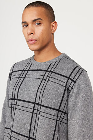 Erkek Gri-Ekru Recycle Standart Fit Normal Kesim Yarım Balıkçı Yaka Pamuklu Desenli Triko Kazak