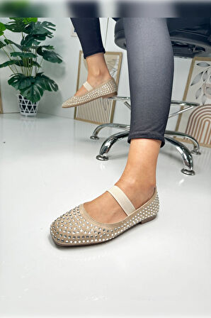 Günlük Kadın Babet Taşlı Lastikli Alçak Topuklu Tırtıklı Tabanlı Küt Burunlu Rahat Ayakkabı 347