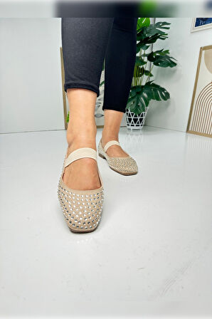 Günlük Kadın Babet Taşlı Lastikli Alçak Topuklu Tırtıklı Tabanlı Küt Burunlu Rahat Ayakkabı 347