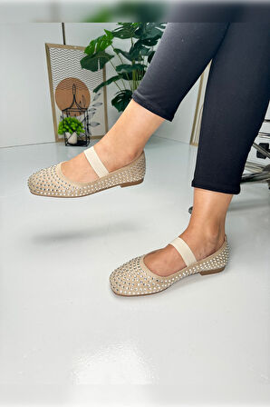 Günlük Kadın Babet Taşlı Lastikli Alçak Topuklu Tırtıklı Tabanlı Küt Burunlu Rahat Ayakkabı 347