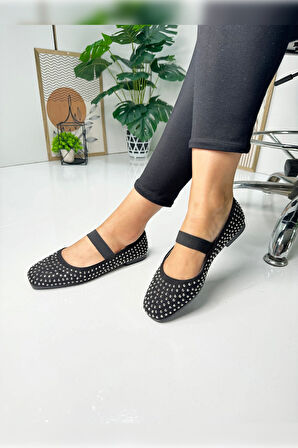 Günlük Kadın Babet Taşlı Lastikli Alçak Topuklu Tırtıklı Tabanlı Küt Burunlu Rahat Ayakkabı 347