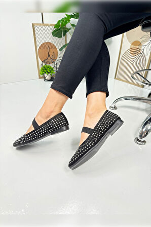 Günlük Kadın Babet Taşlı Lastikli Alçak Topuklu Tırtıklı Tabanlı Küt Burunlu Rahat Ayakkabı 347