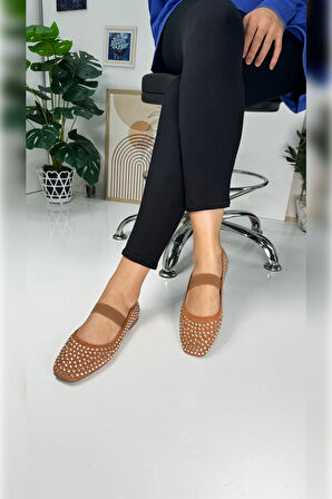 Günlük Kadın Babet Taşlı Lastikli Alçak Topuklu Tırtıklı Tabanlı Küt Burunlu Rahat Ayakkabı 347