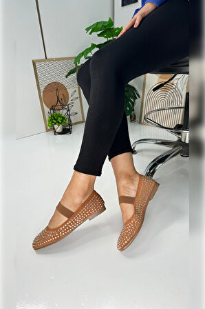 Günlük Kadın Babet Taşlı Lastikli Alçak Topuklu Tırtıklı Tabanlı Küt Burunlu Rahat Ayakkabı 347