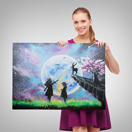 Gece Ay'ı İzleyen Çocuklar Duvar Tablosu-3470