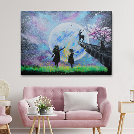 Gece Ay'ı İzleyen Çocuklar Duvar Tablosu-3470