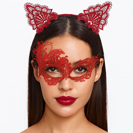 Nessiworld Gizemli Kırmızı Dantel Maske ve Taç Seti 1 No - Kostüm Seti