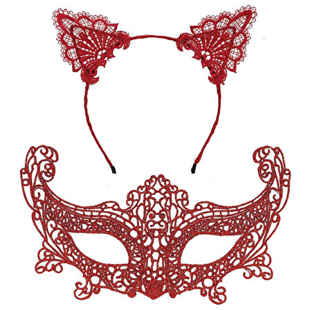 Nessiworld Romantik Kırmızı Dantel Maske Seti – Kedi Kulaklı Taç ve Maske 3 No
