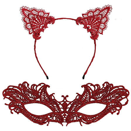 Nessiworld Şık Kırmızı Dantel Maske ve Taç Seti 5 No – Maskeli Balo &amp; Özel Etkinlikler