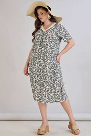 Wearon Kadın Beliz Büyük Beden Dantelli Kısa Kollu Turkuaz Elbise