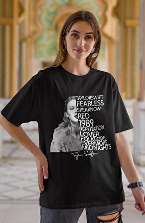 Taylor Swift Albüm İsimleri Yazılı Tişört, Unisex Oversize Taylor Swift Baskılı Tshirt