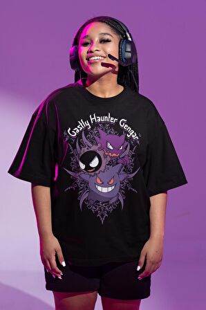 Unisex Oversize Gengar Baskılı Tişört, Erkek-Kadın Pokemon Baskılı T-Shirt