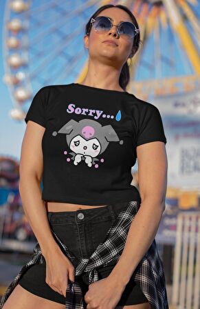 Üzgün Kuromi Baskılı Crop Top, Sorry Yazılı Crop Bluz