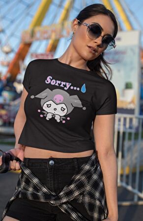 Üzgün Kuromi Baskılı Crop Top, Sorry Yazılı Crop Bluz