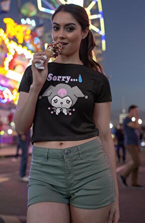 Üzgün Kuromi Baskılı Crop Top, Sorry Yazılı Crop Bluz