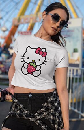 Çilekli Hello Kitty Baskılı Crop Top