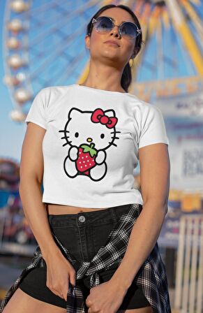 Çilekli Hello Kitty Baskılı Crop Top