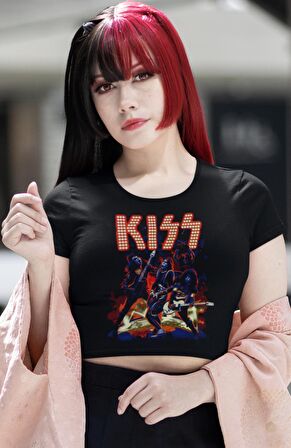 Kiss Baskılı Crop Top, Kadın Rock Temalı Crop Bluz