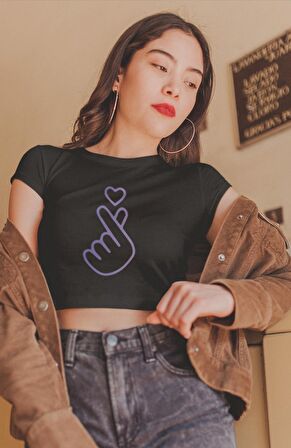 Bts İşaret Baskılı Crop Top, Kadın K-Pop Baskılı Crop Bluz