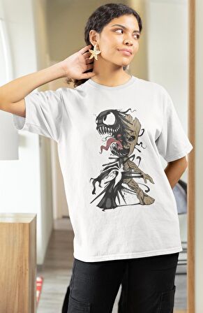 Venom And Groot Baskılı Tshirt, Unisex Marvel Film Baskılı Tişört