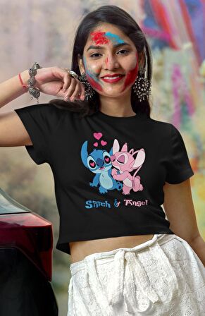 Kalpli Stitch Ve Angel Baskılı Crop Top, Kadın Sevimli Stitch Baskılı Crop Bluz