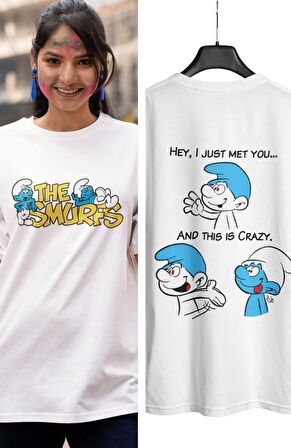 Unisex The Smurfs Yazılı Sırt Baskılı T-shirt, Şirinler Baskılı Tişört