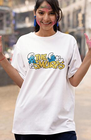 Unisex The Smurfs Yazılı Sırt Baskılı T-shirt, Şirinler Baskılı Tişört