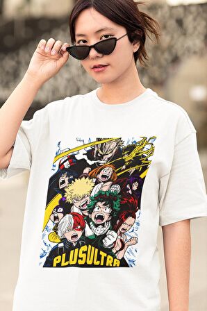 Oversize My Hero Academia Plusultra Baskılı T-shirt, Unisex Anime Baskılı Tişört